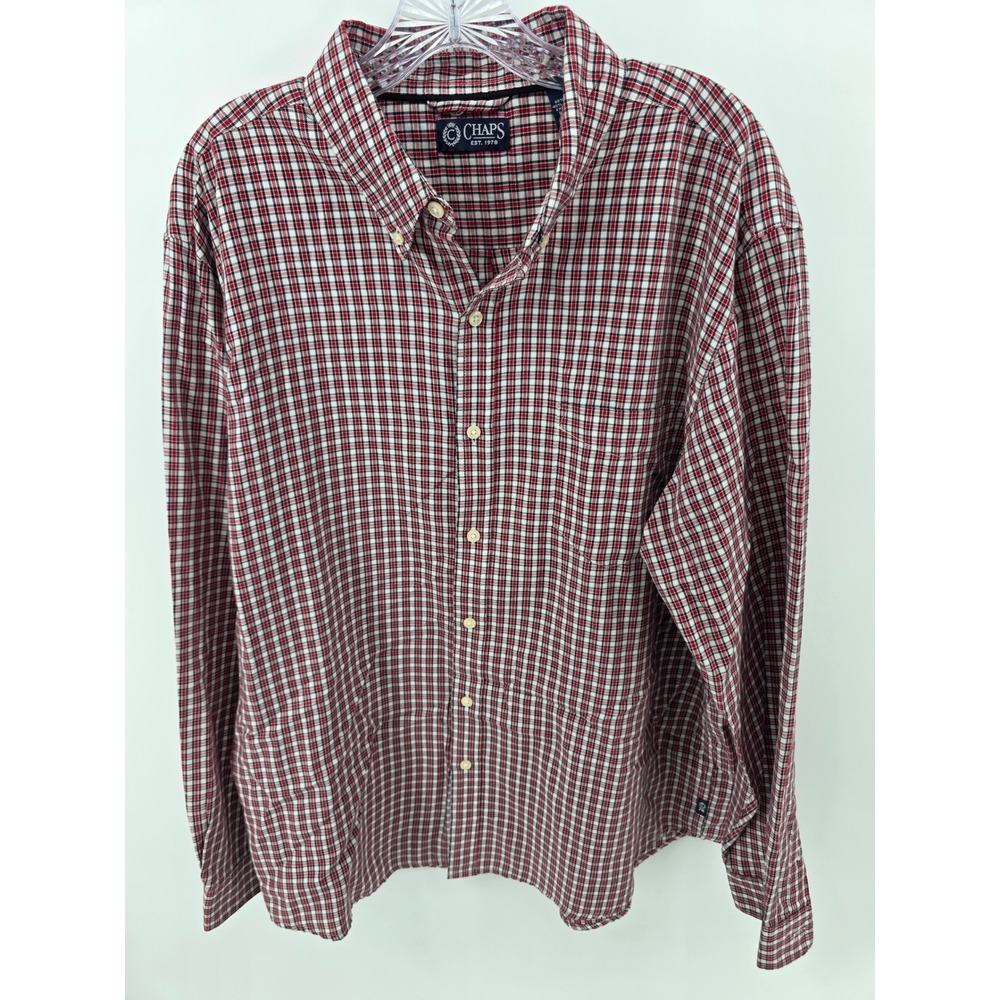 Chaps Mens XL Long Sleeve Plaid Button Down Shirt Red White Blue Cotton Blend